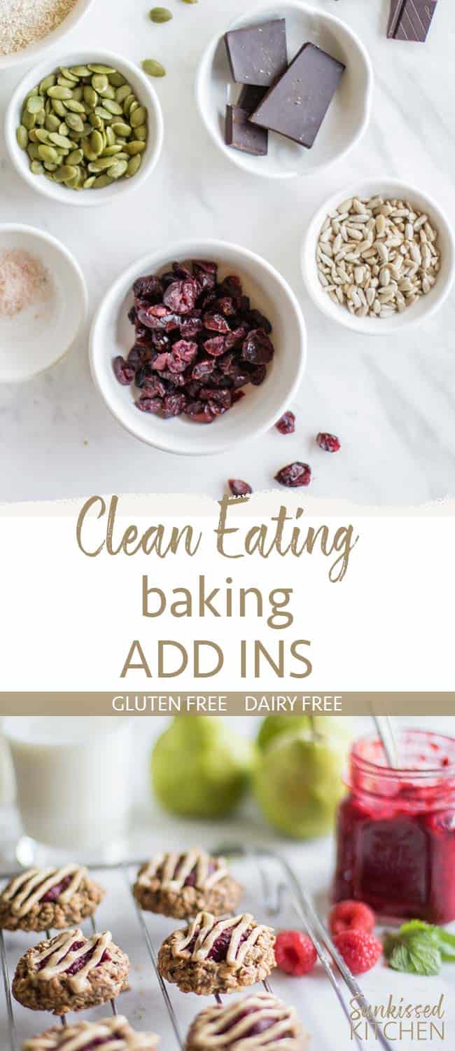 An image of healthy baking ingredients and a photo of some cookies surrounded by raspberries.
