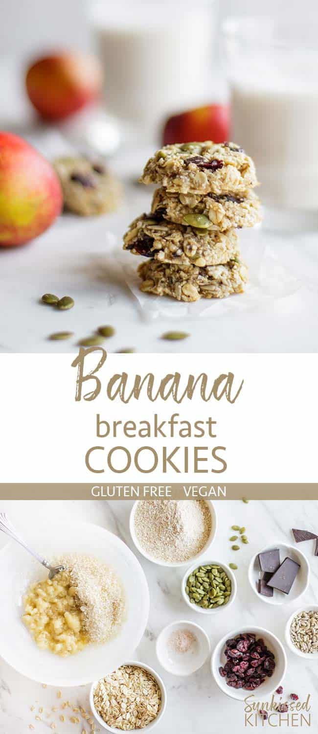 Two images showing a stack of banana breakfast cookies, and all the ingredients in vegan breakfast cookies.