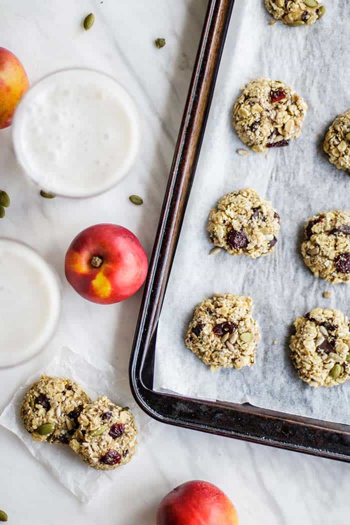 A pan of freshly baked vegan breakfast cookies.