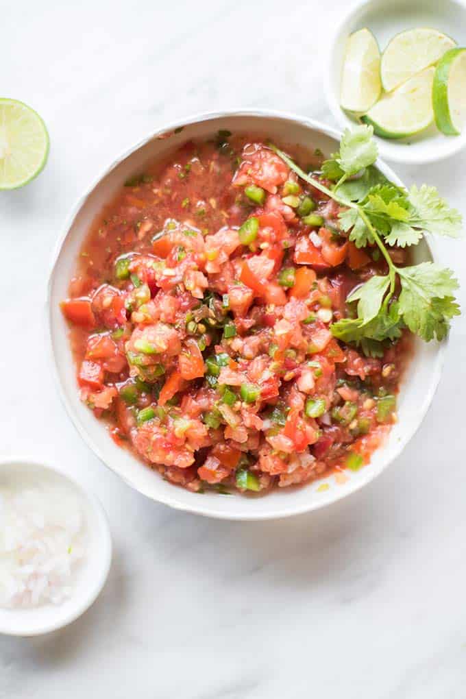 A close up view of homemade salsa.