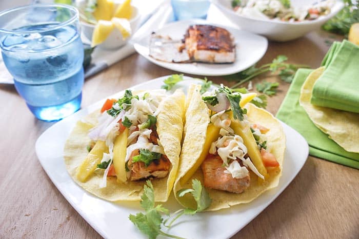 Blackened Salmon Tacos with Pickled Cabbage Salsa and Mango