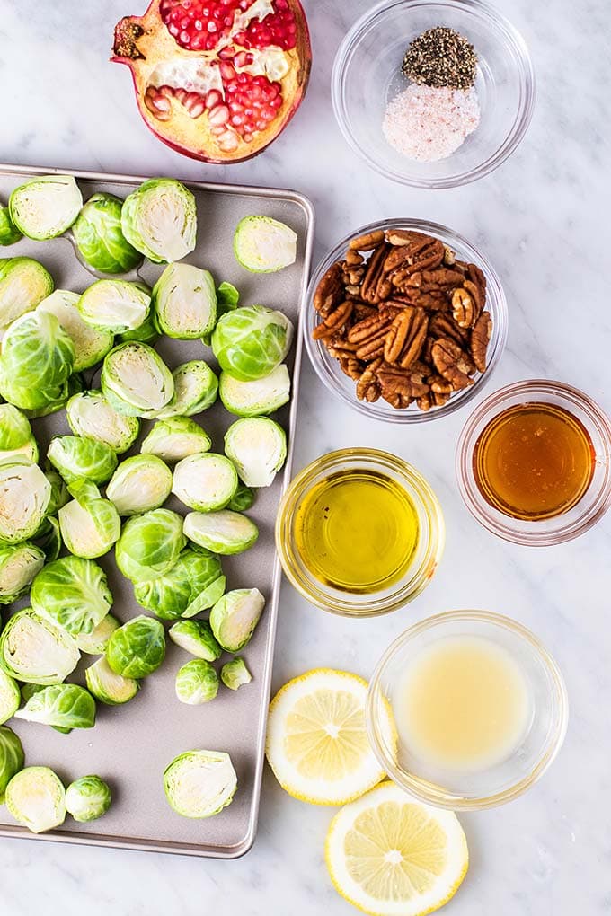 The ingredients for crispy roasted brussels sprouts sitting on a counter.