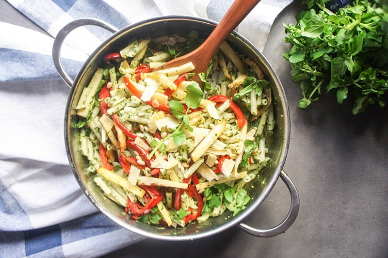 Watercress Pesto Pasta with Roasted Parsnips and Peppers