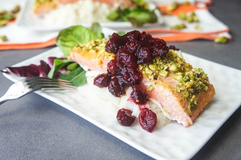 Pistachio Salmon with Cranberry Sauce and Celriac Mash