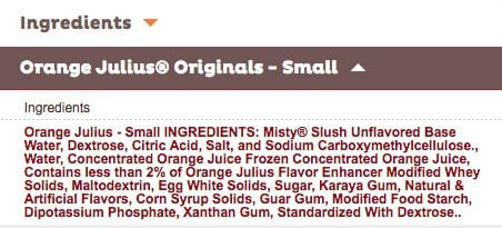 a list of the ingredients in an Orange Julius.