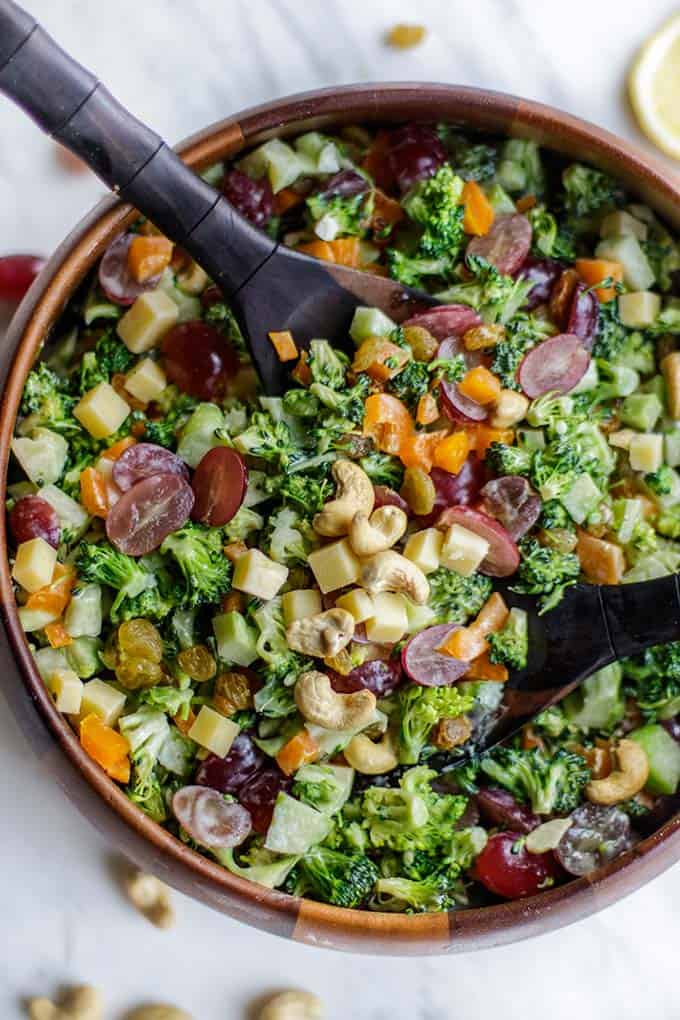 A close up of a healthy broccoli salad with no mayo.