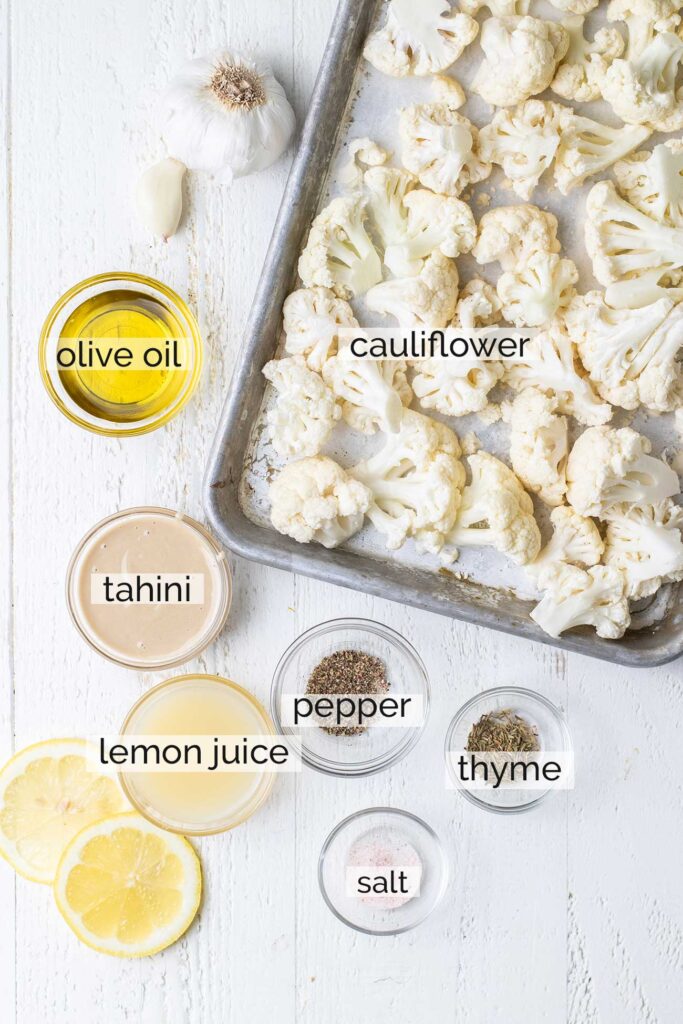 The ingredients needed for a cauliflower hummus.
