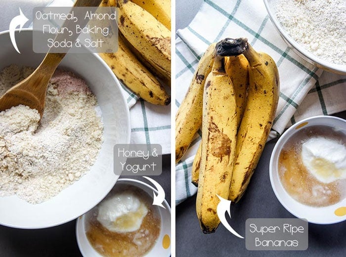 Two images showing the ingredients in gluten free banana chocolate chip muffins.