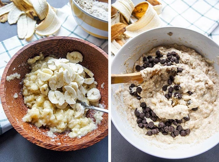 Two photos showing mashing how to mash the bananas, and then adding them to the oatmeal batter along with chocolate chips.