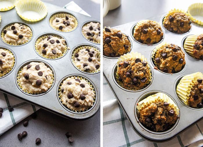 Showing how much to fill the muffins papers, and how to tilt them in the baking pan to allow them to cool.