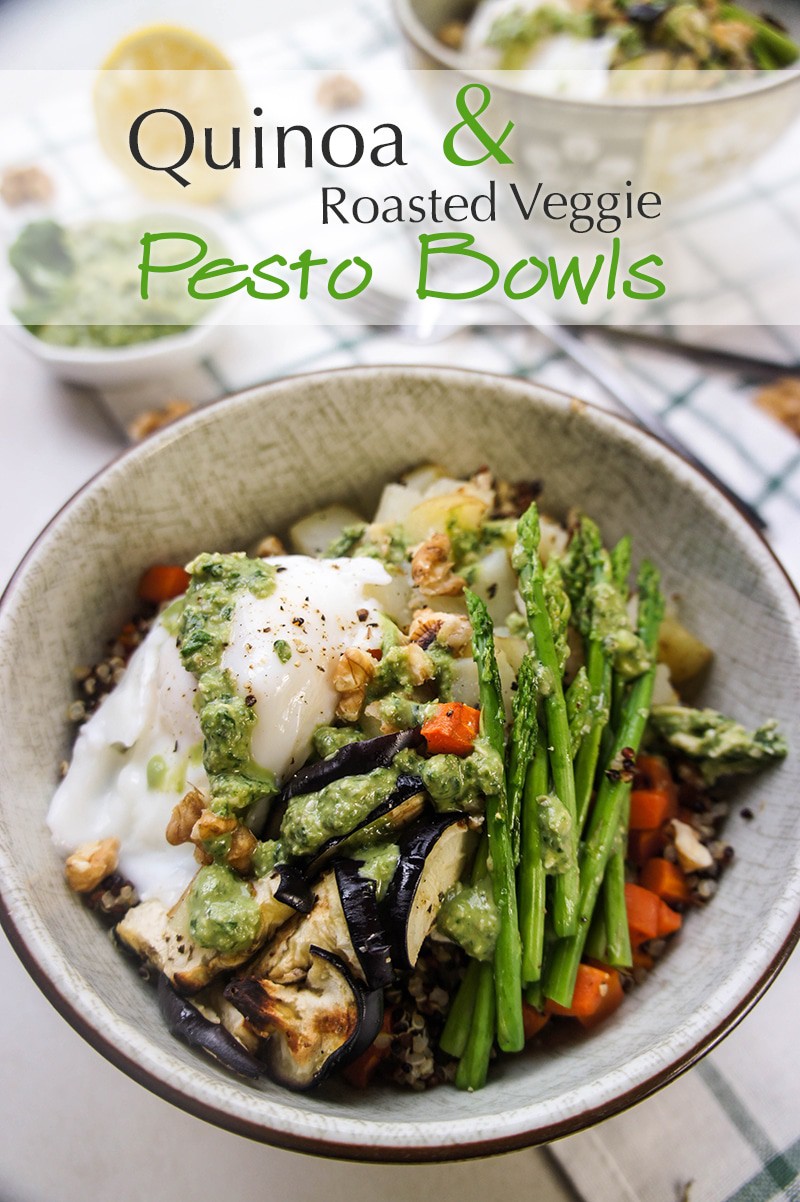 Quinoa and Roasted Veggie Pesto Bowl / These flavorful bowls are a quick and easy dinner - a tasty option when you need to clean out the veggie drawer!