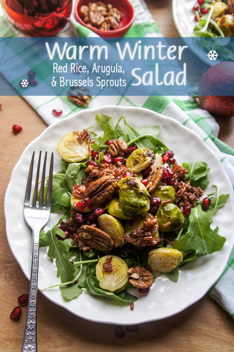 Warm Winter Salad / Red rice, arugula, and roasted brussels sprouts make this warm salad a holiday treat. Topped with pecans and pomegranate for a festive combination.