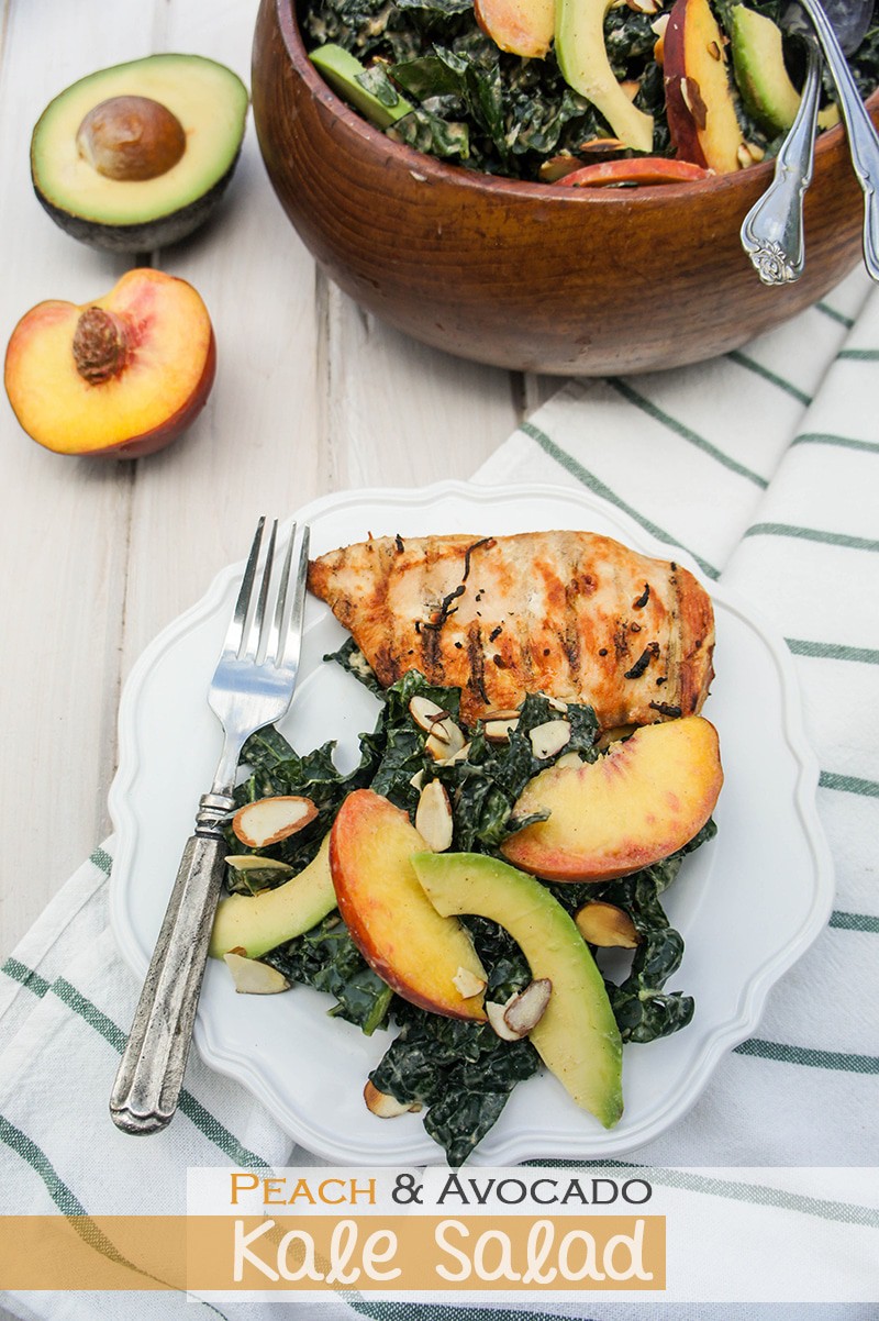 Peach and Avocado Kale Salad / This healthy and fresh summer salad has a creamy ginger-almond dressing. Perfect accompaniment to grilled meats.
