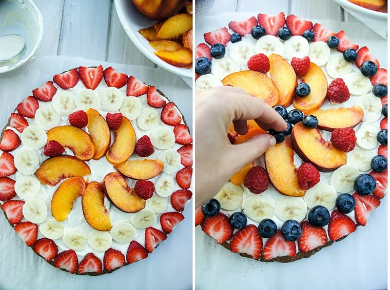 Fruit Pizza with a Gingersnap Crust / This summer stunner is sure to to win over all your dinner guests. This beautiful dessert is low in sugar, so go ahead and serve it for breakfast!