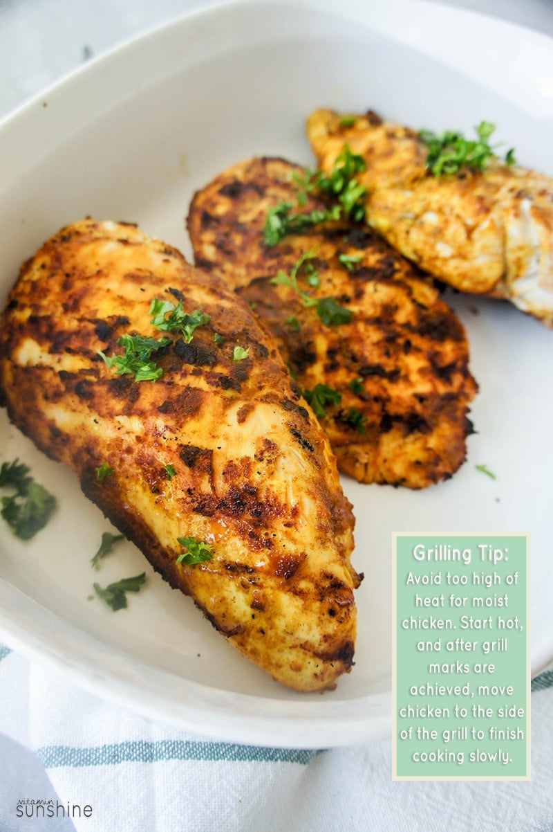 Grilled chicken in a dish with tips for how to grill the most flavorful chicken.
