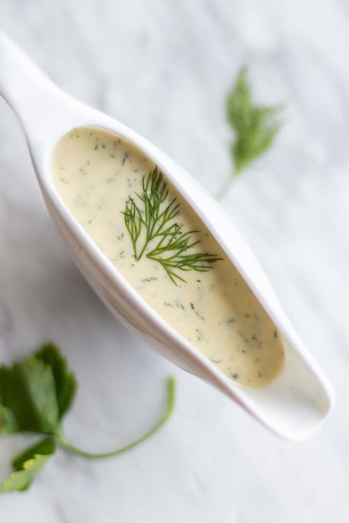A dressing made with tahini, dill and lemon.