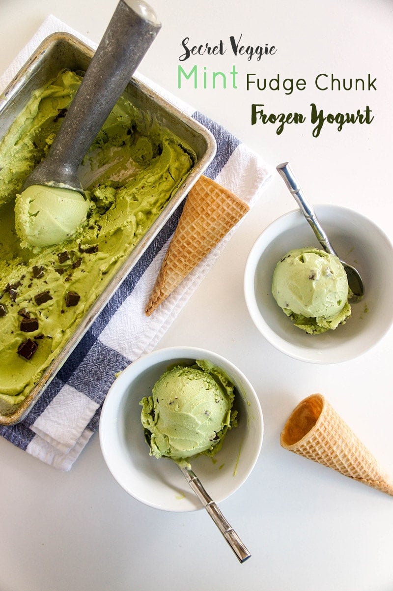 Mint Fudge Chunk Frozen Yogurt / This is no ordinary ice cream! Made with 2 green veggies and greek yogurt, it packs a serious nutritional punch!