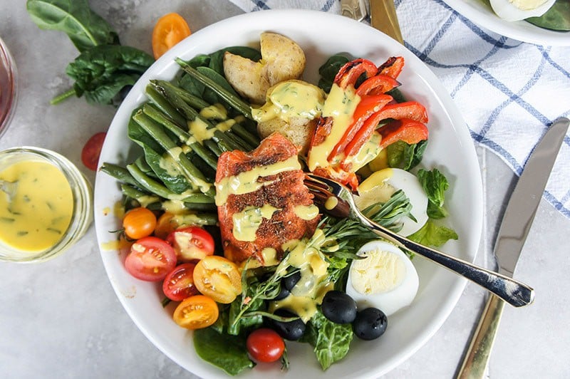 Blackened Salmon Nicoise Salad with Mango Tarragon Dressing