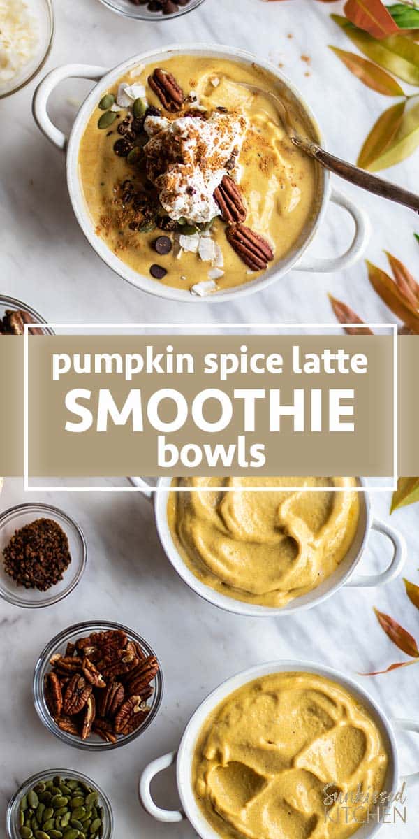 Pumpkin spice latte smoothie bowls topped with whipped cream, pecans, and coconut.