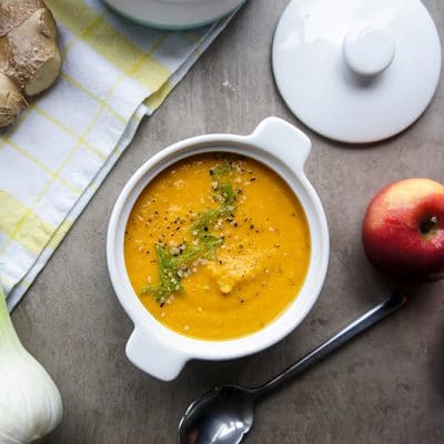 Roasted Carrot Sweet Potato Ginger Soup - Choosing Chia