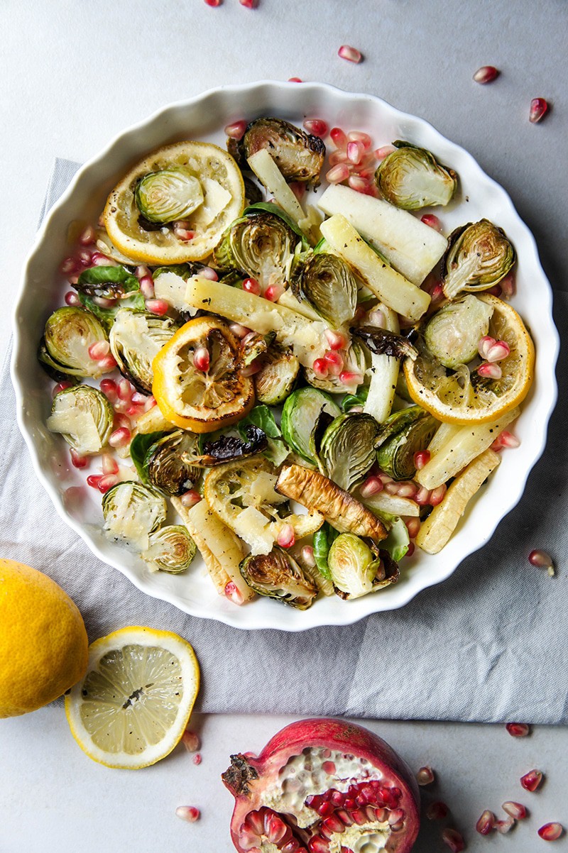 Lemon Parmesan Roasted Brussels Sprouts and Parsnips / This elegant dish is simple to make, and packed with flavor and nutrition! Perfect for the holidays.
