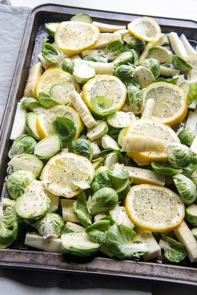 Lemon Parmesan Roasted Brussels Sprouts And Parnsips - Sunkissed Kitchen