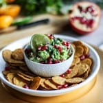 A white bowl filled with pomegranate guacamole surrounded by chips.