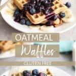 Two plates with gluten free waffles topped with blueberries and blueberry syrup.