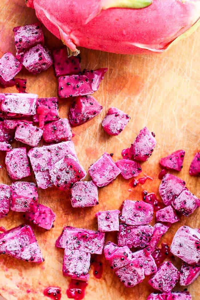 Frozen cubes of dragon fruit, also known as red pitaya.