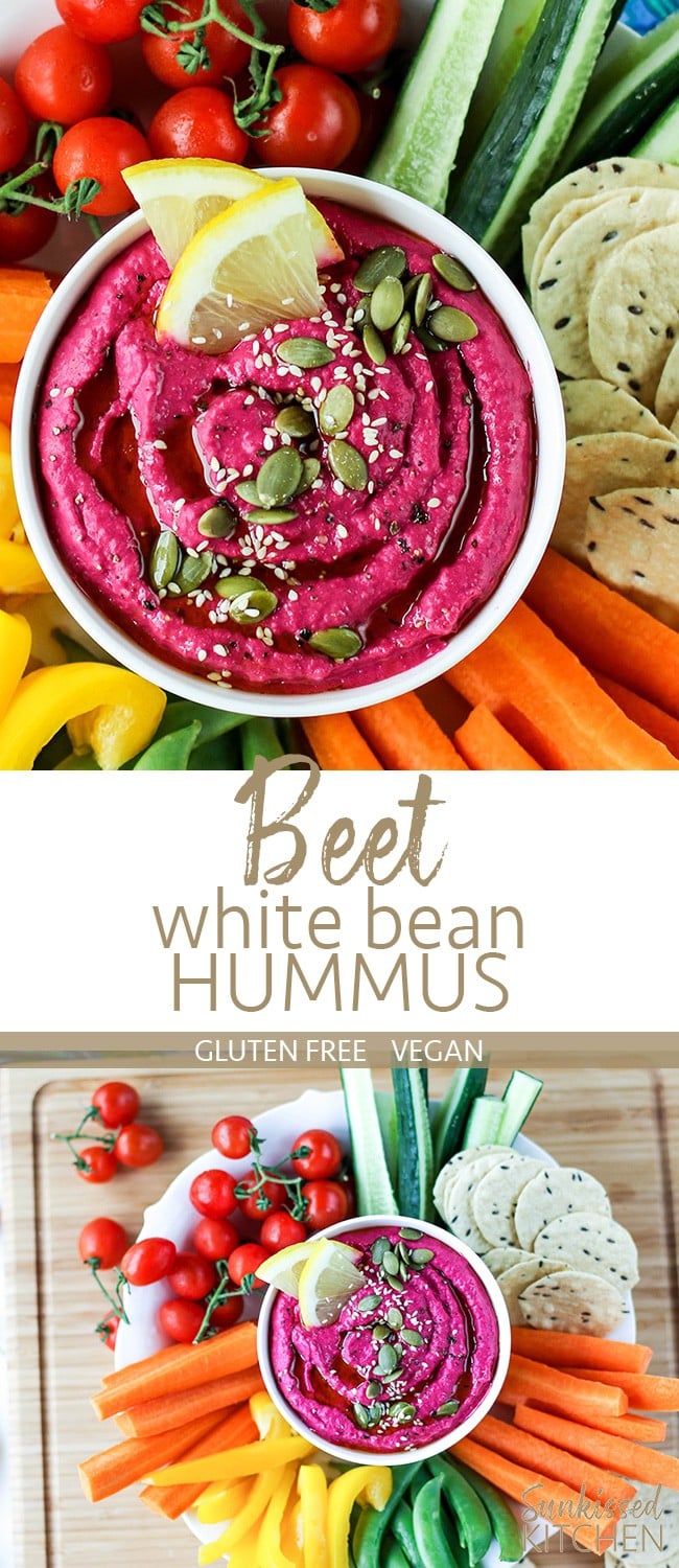 Two images showing a close up shot of beet hummus, and one with the healthy hummus surrounded by veggies.