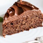 A close up look at a slice of chocolate quinoa cake.
