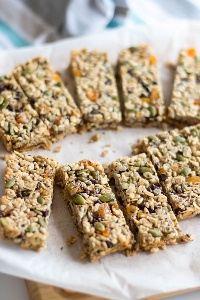 
  Homemade granola bars on a wooden board