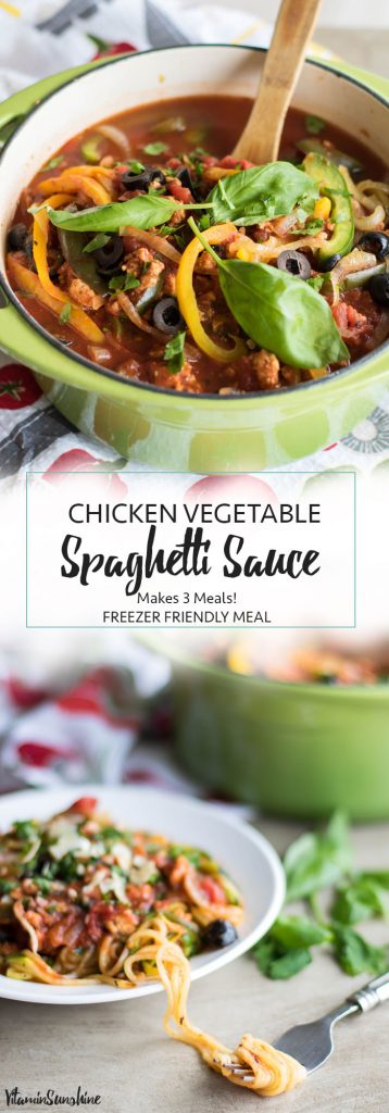 Chicken Vegetable Spaghetti Sauce / This hearty and protein-rich chicken spaghetti sauce is a recipe for 3 meals-- one for tonight, and 2 to freeze! So easy, and so nice to have quick and healthy meals ready to go.