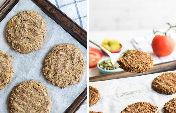 Veggie burgers shown baked on a cookie sheet.