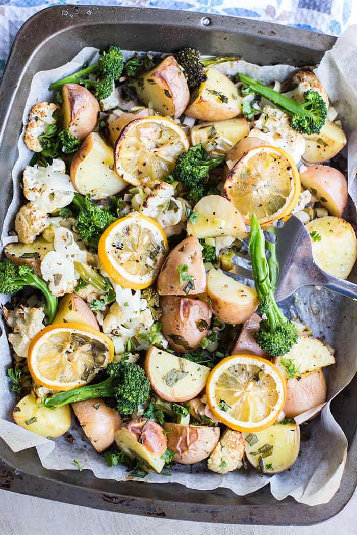 A large baking pan filled with roasted vegetables.