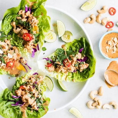 Whole30 Thai Chicken Lettuce Wraps on a plate.