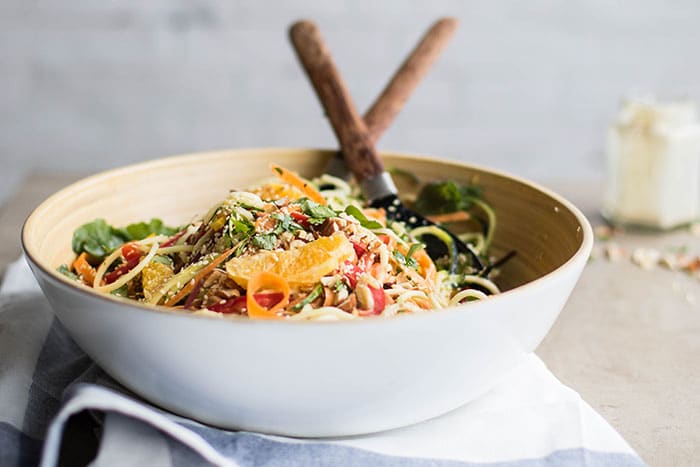 Asian Orange Sesame Zoodle Salad / This fun salad is bursting with flavor, crunch, and color. This makes a fabulous low carb sub for noodle dishes.