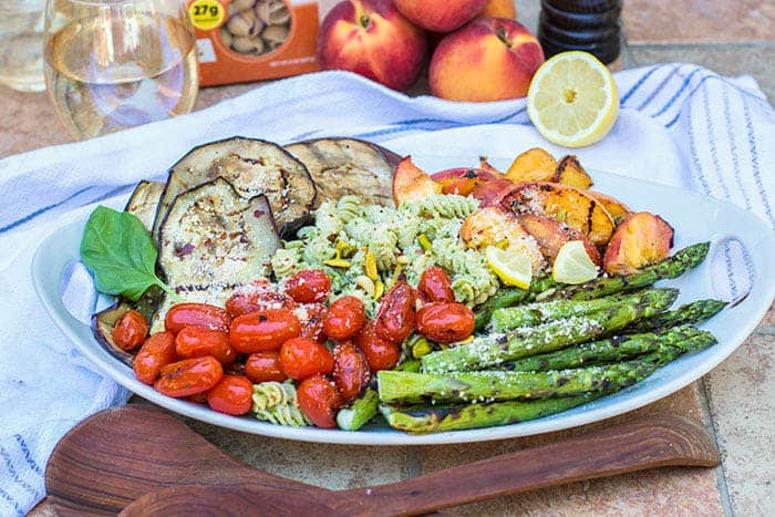 Grilled Peach and Vegetable Pesto Pasta (Summer Grilling Series)