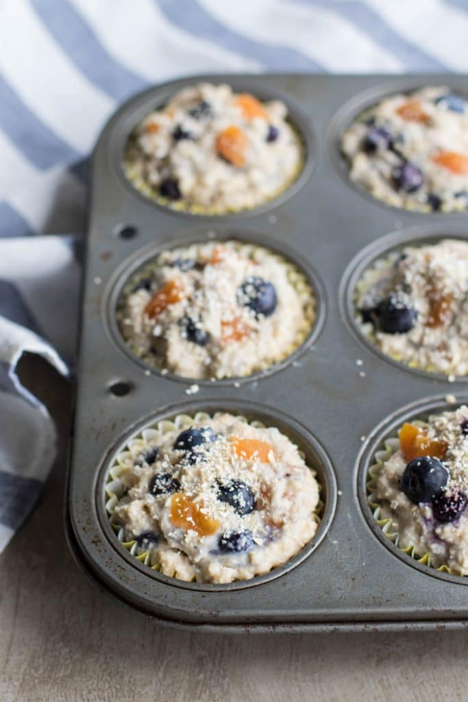 Blueberry Apricot Oat Bran Muffins / These protein and fiber rich muffins are so soft and moist. I packed mine with blueberries and apricots, but so many variations could be made!