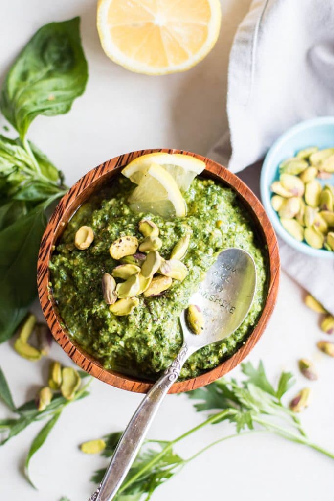 Pistachio Basil Pesto / Summer is all about bright herb flavors, and this pistachio pesto makes the best topping for pastas, salads, and vegetables.