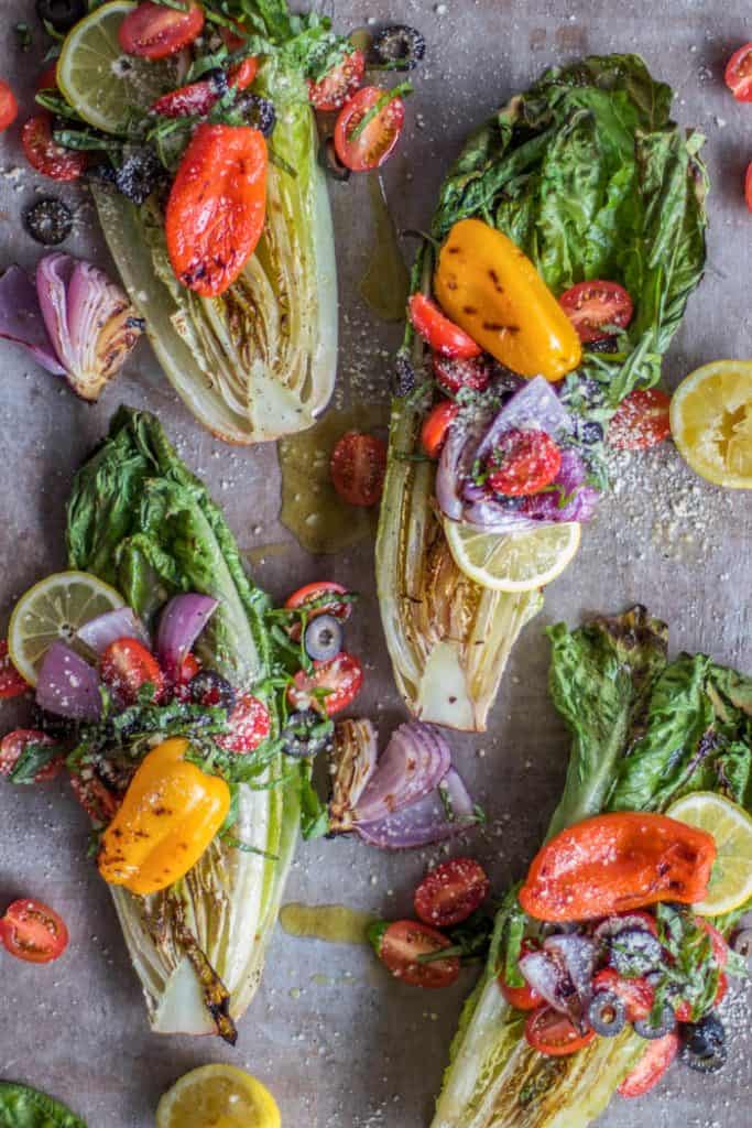 Grilled Romaine Salad / A simple romaine salad is elevated to drool-worth status by being grilled and topped with Italian salad toppings.