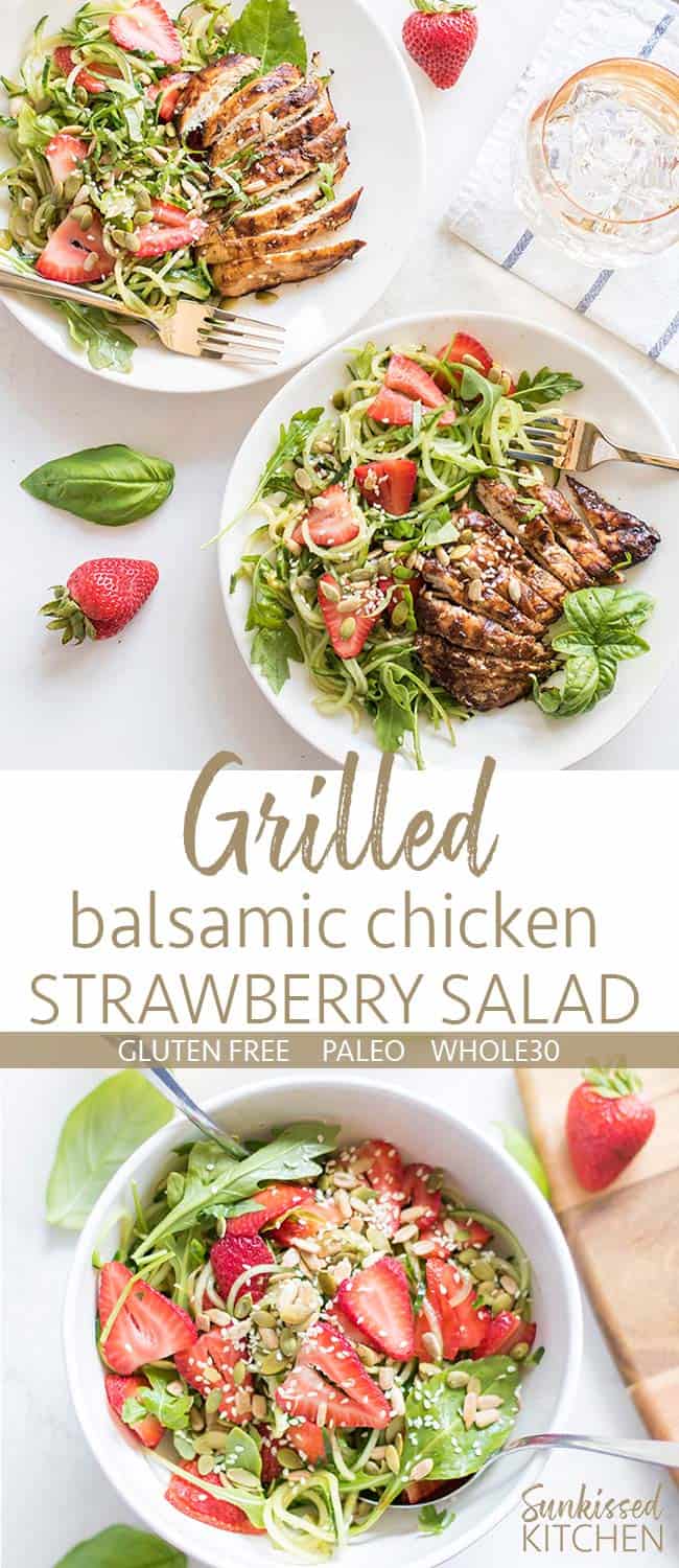 Two images showing a spiralized strawberry cucumber salad topped with grilled balsamic chicken.