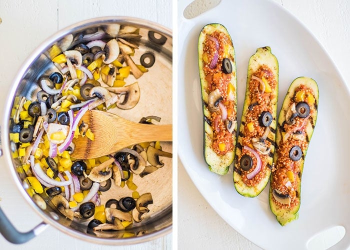 Grilled Quinoa Pizza Zucchini Boats / Have fun with a vegetarian entree on the BBQ this summer. Zucchini is stuffed with a 1-pan quinoa pizza recipe.