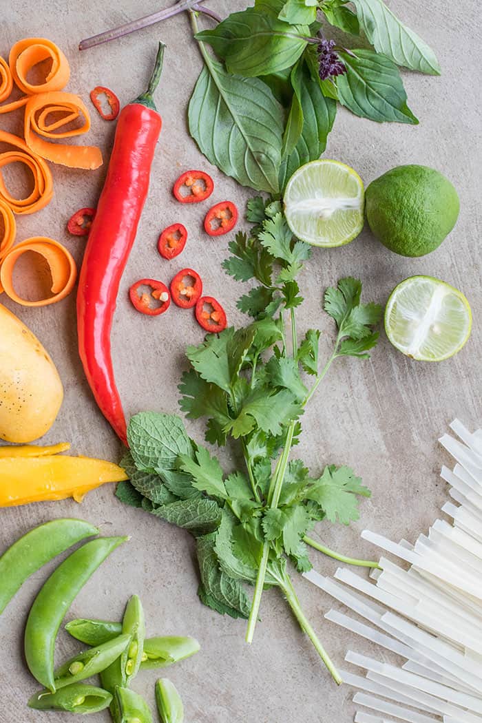 All the ingredients used in a cold thai noodle salad.