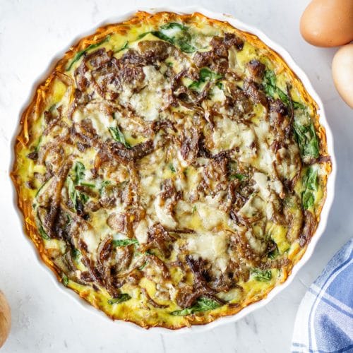 The whole frittata baked and still in the baking dish.