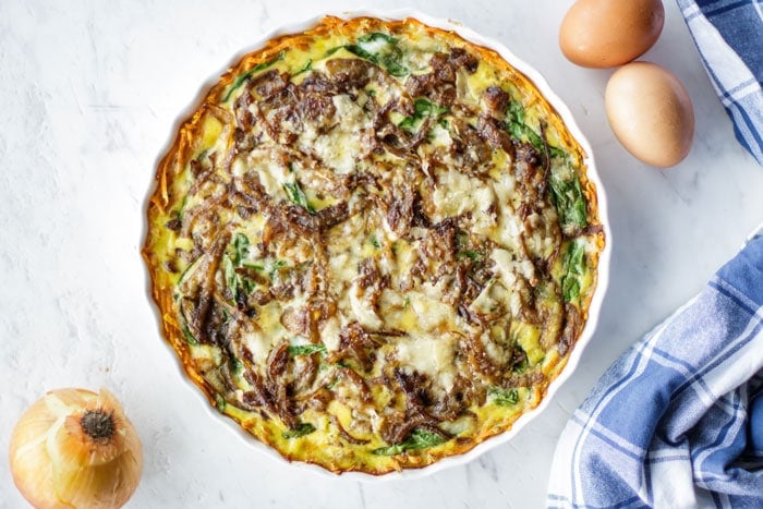 The whole frittata baked and still in the baking dish.