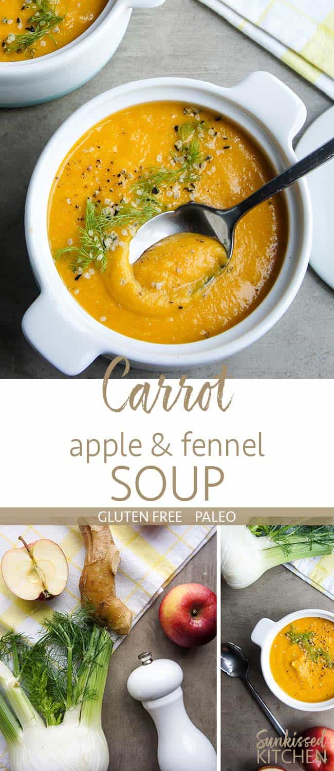 Two images showing bowls of carrot apple fennel soup, garnished with hemp seeds.