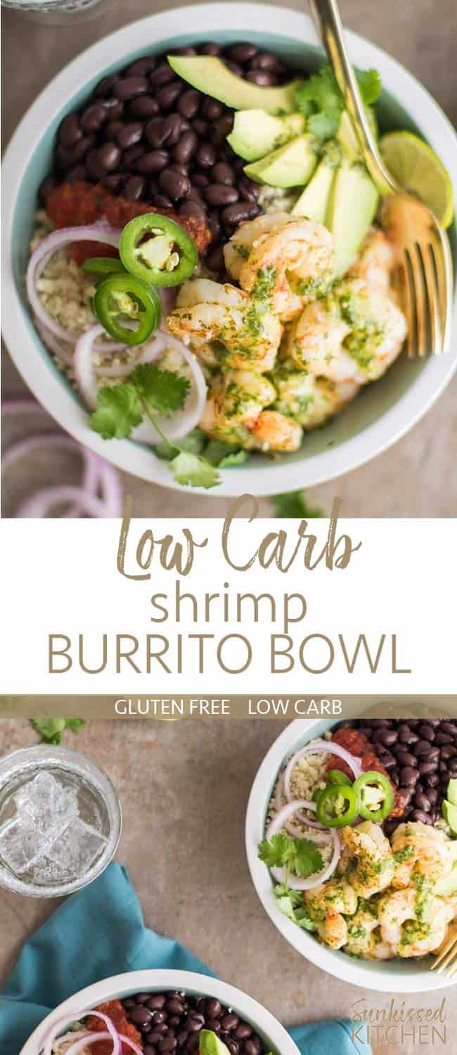 Two images showing shrimp piled on top of cauliflower rice with a cilantro lime sauce.