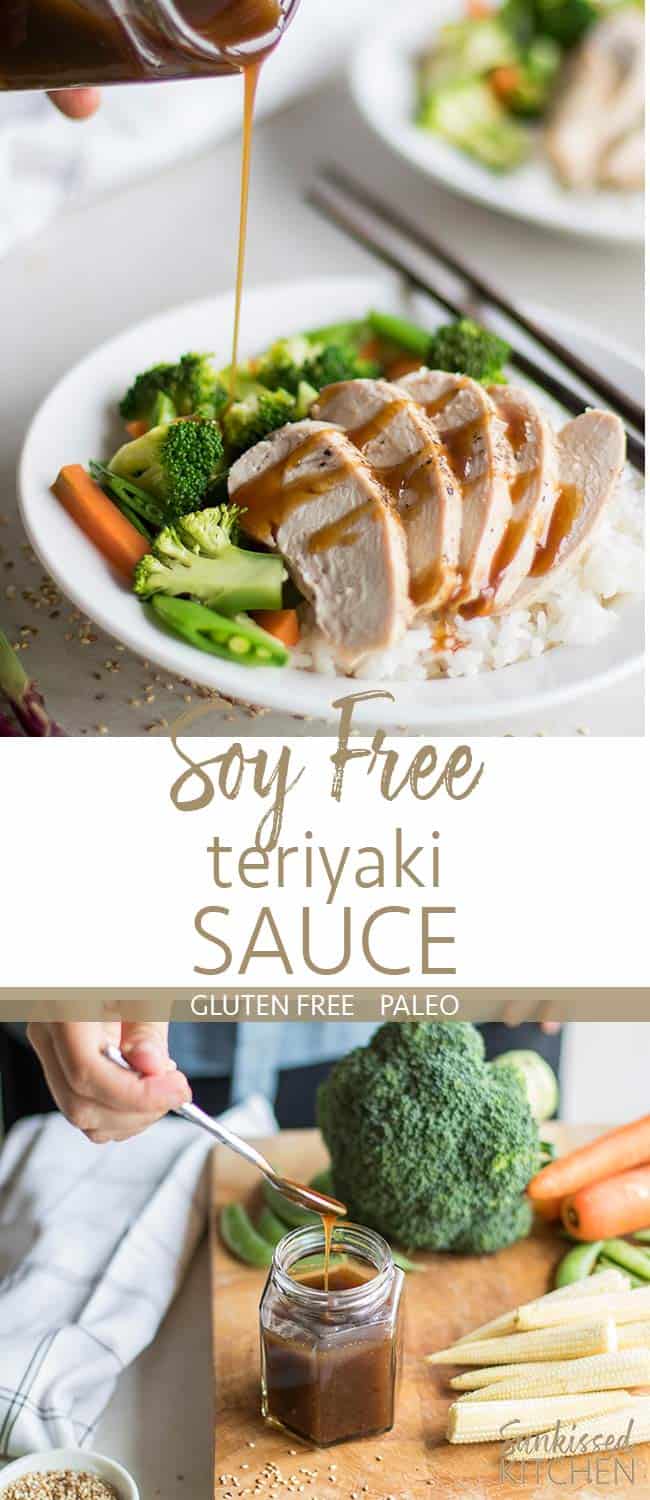 Two images showing plates of chicken and rice drizzled with a soy free teriyaki sauce.