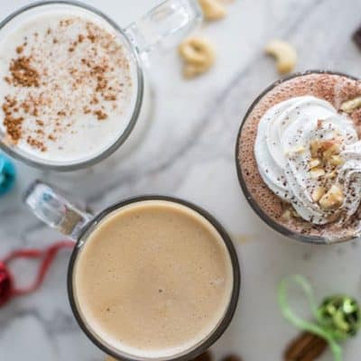 Trio of Healthy Holiday Drinks / Hazelnut Hot Cocoa, Vegan Eggnog, and a Pecan Toffee Latte, all made with fresh nut milks!